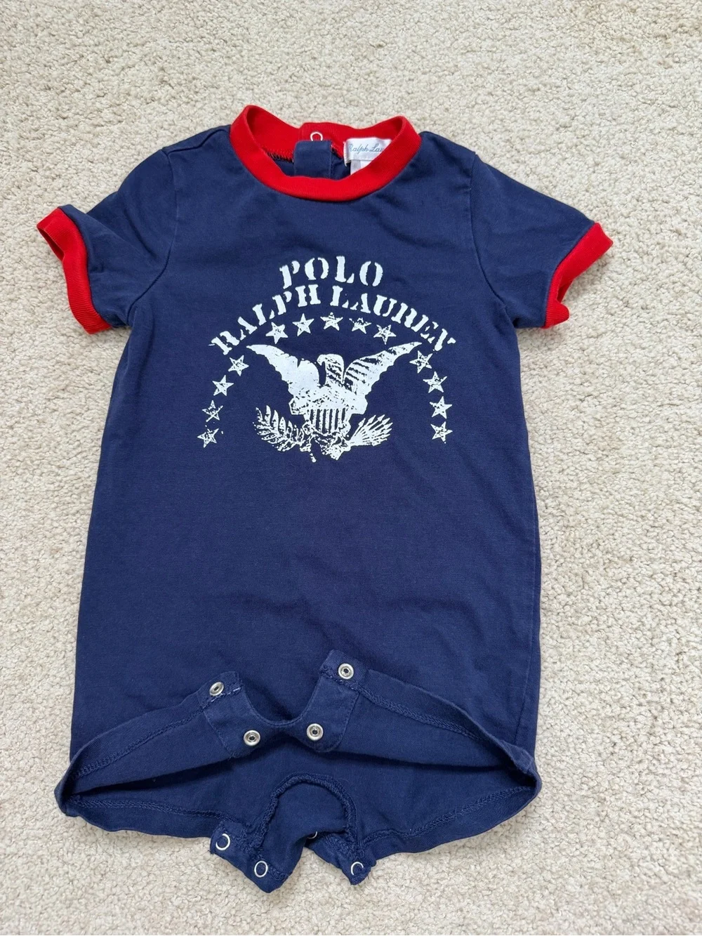 Ralph Lauren Navy & Red Graphic Baby Romper. 9 Months